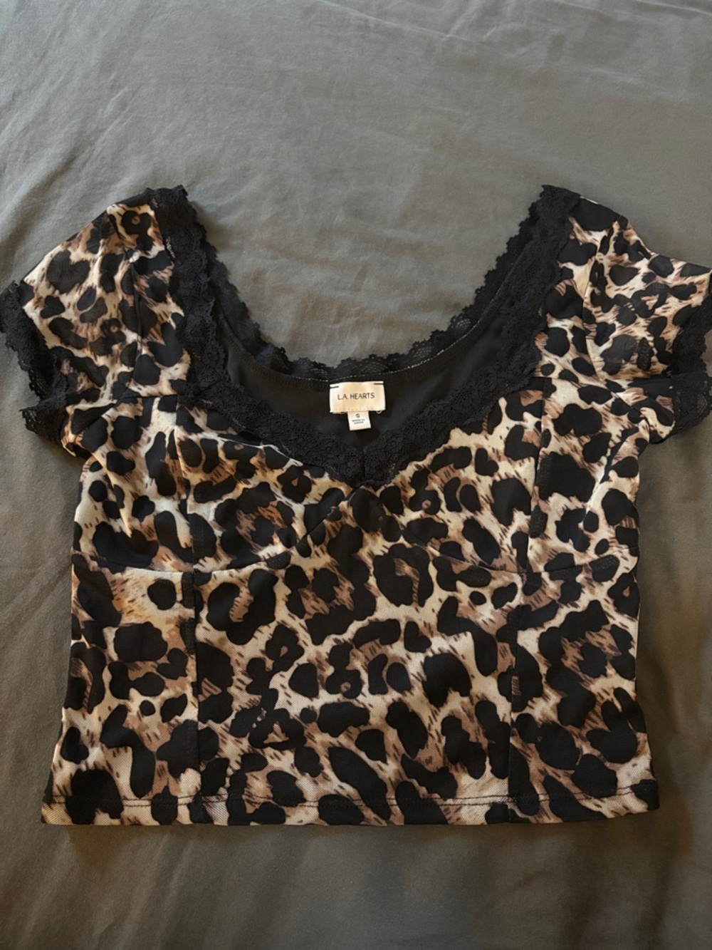 PacSun Leopard Print Lace-Trim Crop Top - Black & Tan